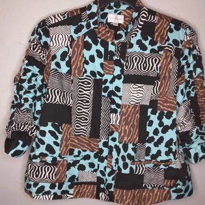 Erin London Animal Print Teal Brown Black Jacket Blazer Small